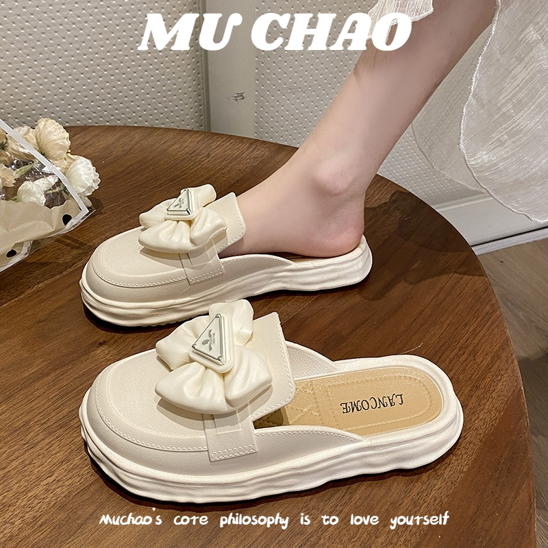 MUCHAO Dép Sandal Đế Bằng Dày Dặn Thắt Nơ Xinh Xắn Thời Trang Cho Nữ
