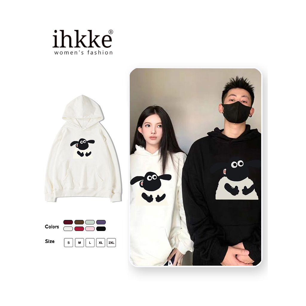 Áo hoodie IHKKE màu đen in họa tiết cừu hoạt hình phong cách Hàn Quốc thời trang cho nam nữ