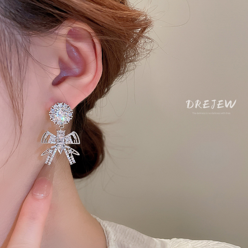 Bông Tai Mạ Bạc 925 Hình Nơ Đính Đá zircon Sang Trọng Phong Cách Hàn Quốc