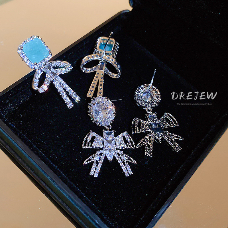 Bông Tai Mạ Bạc 925 Hình Nơ Đính Đá zircon Sang Trọng Phong Cách Hàn Quốc