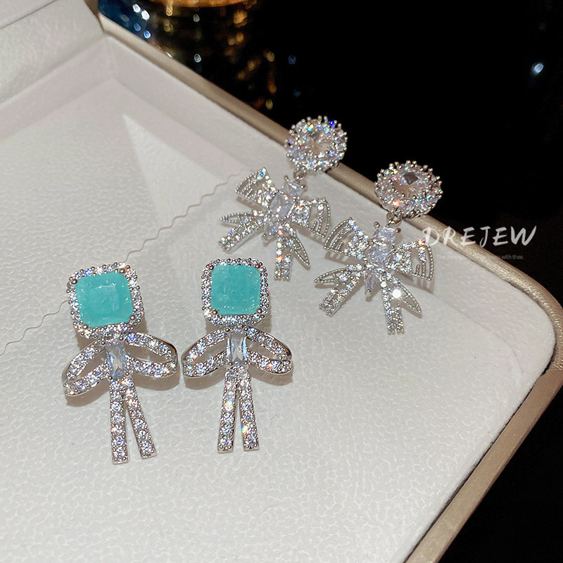 Bông Tai Mạ Bạc 925 Hình Nơ Đính Đá zircon Sang Trọng Phong Cách Hàn Quốc