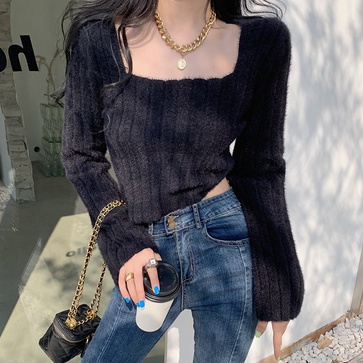 Áo Len Tay Dài Cổ Vuông Thời Trang Thu Đông Mới Cho Nữ áo len croptop tay dài