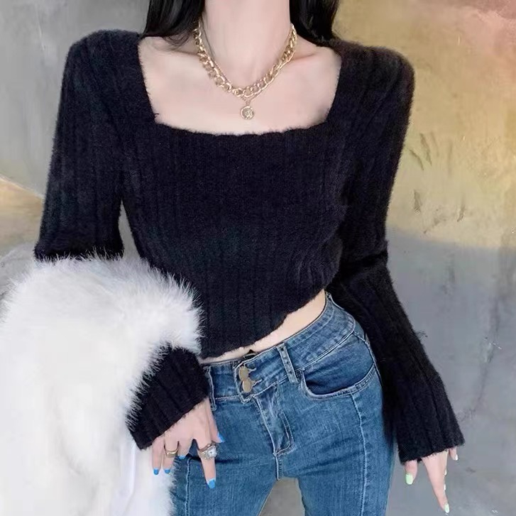 Áo Len Tay Dài Cổ Vuông Thời Trang Thu Đông Mới Cho Nữ áo len croptop tay dài