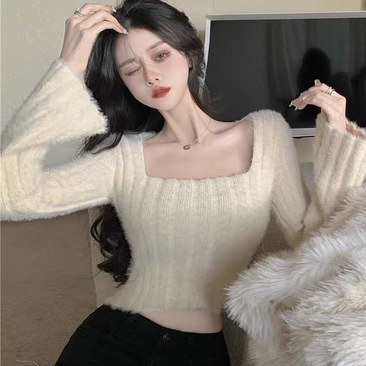 Áo Len Tay Dài Cổ Vuông Thời Trang Thu Đông Mới Cho Nữ áo len croptop tay dài