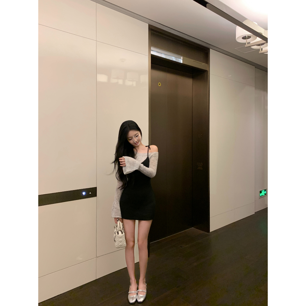 Áo Len Tay Dài Hở Vai Giả Hai Lớp Cá Tính Cho Nữ