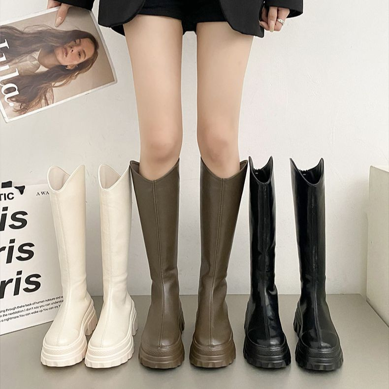 Giày Bốt Nữ Cổ Cao 6cm Màu Trắng / Đen Thời Trang Hàn Quốc 2023