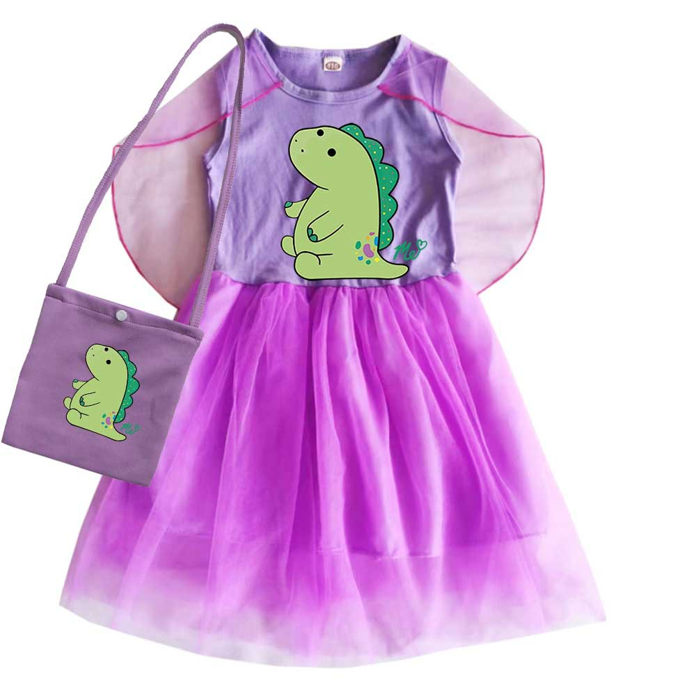 Hoạt Hình Bộ Đầm + Áo Choàng 2 Món Chất Liệu cotton + tulle Không Tay Hình Khủng Long Hoạt Họa Cho Bé Gái