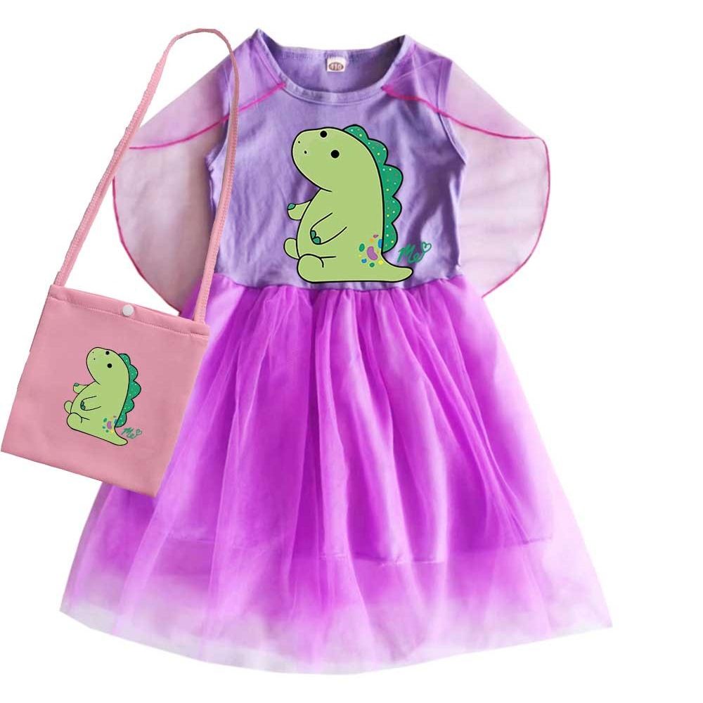 Hoạt Hình Bộ Đầm + Áo Choàng 2 Món Chất Liệu cotton + tulle Không Tay Hình Khủng Long Hoạt Họa Cho Bé Gái