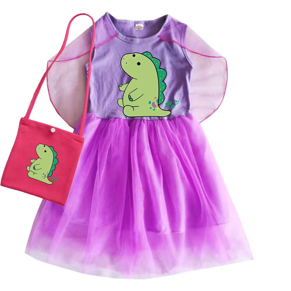 Hoạt Hình Bộ Đầm + Áo Choàng 2 Món Chất Liệu cotton + tulle Không Tay Hình Khủng Long Hoạt Họa Cho Bé Gái