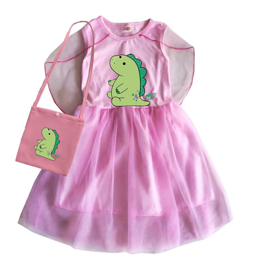 Hoạt Hình Bộ Đầm + Áo Choàng 2 Món Chất Liệu cotton + tulle Không Tay Hình Khủng Long Hoạt Họa Cho Bé Gái