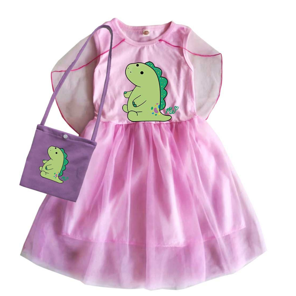 Hoạt Hình Bộ Đầm + Áo Choàng 2 Món Chất Liệu cotton + tulle Không Tay Hình Khủng Long Hoạt Họa Cho Bé Gái