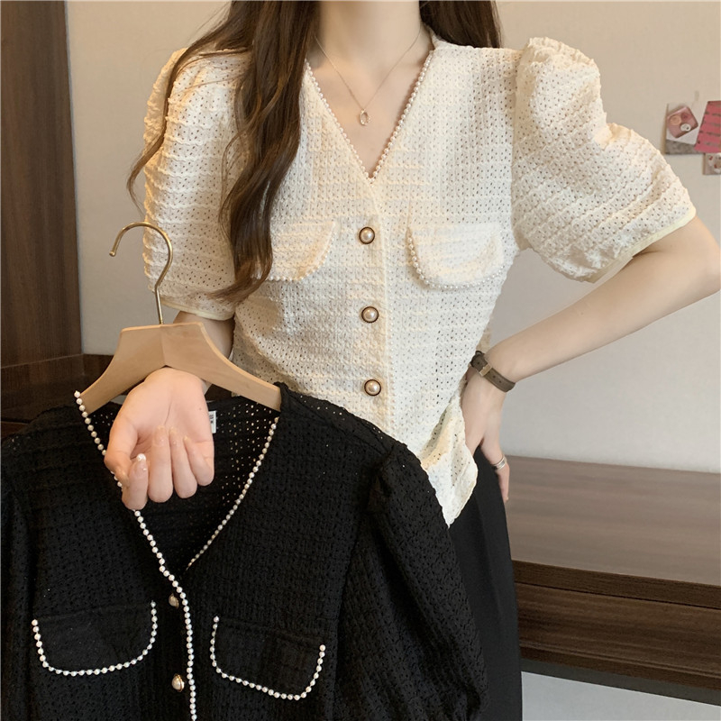 NUZIRO Áo Sơ Mi Tay Ngắn Phồng Cổ Chữ v Dáng Rộng Thời Trang Hàn Quốc Cho Nữ