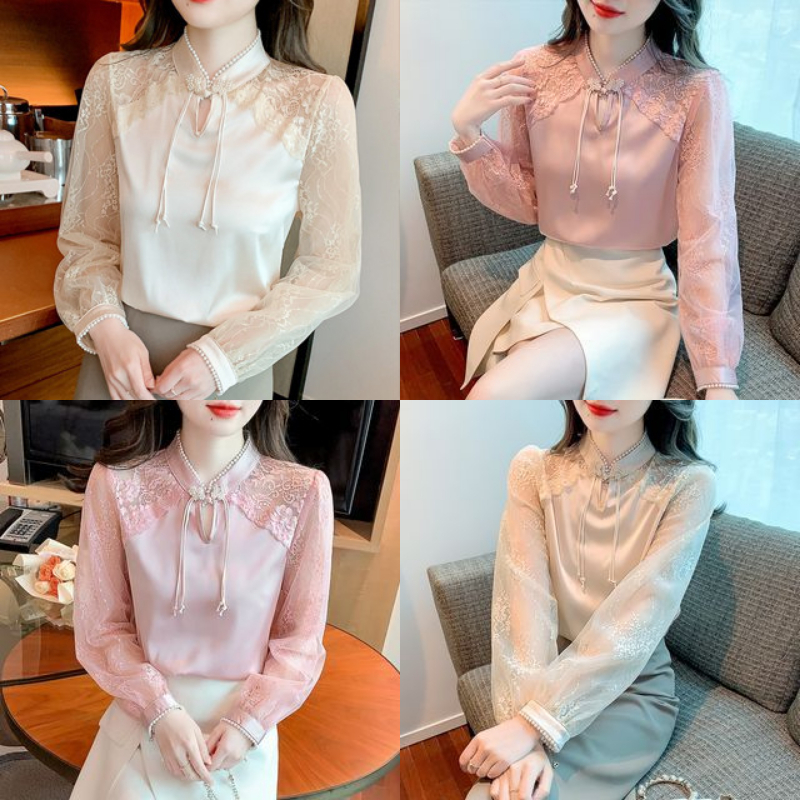 Áo Sơ Mi Công Nghiệp Thêu Móc Tay Phồng Màu Hồng Nhạt Kiểu Pháp Sang Trọng Nặng Cho Nữ