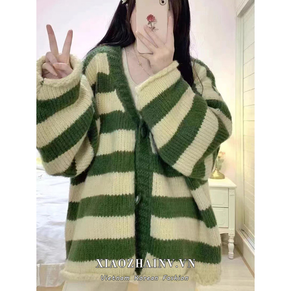 Xiaozhaniv Áo Khoác cardigan Dệt Kim Tay Dài Dáng Rộng Kẻ Sọc Mùa Thu Phong Cách Hàn Quốc Cho Nữ
