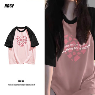 Rdgf Áo Thun raglan Tay Ngắn oversize In Họa Tiết Trái Tim Màu Hồng Thời Trang Phong Cách Hàn Quốc Cho Nữ
