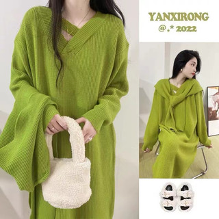 NZN Váy áo len xanh Áo len dài thẳng dáng rộng có áo khoác Váy dệt kim cổ chữ V