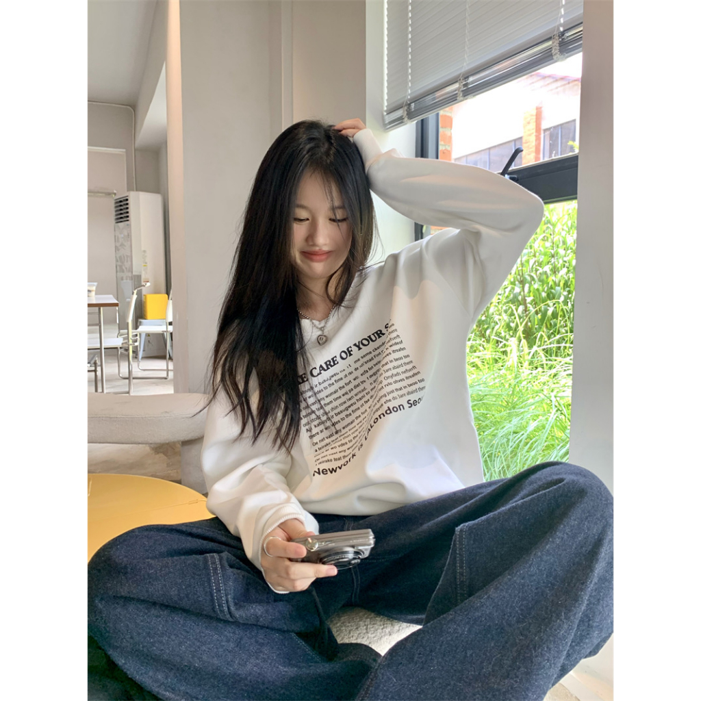 「MOTEL7」Áo sweatshirt Dáng Rộng Tay Dài In Chữ Phong Cách Lười Mùa Thu Mới