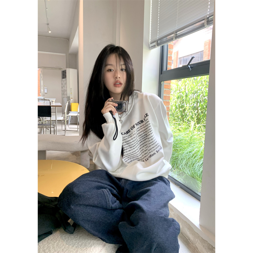 「MOTEL7」Áo sweatshirt Dáng Rộng Tay Dài In Chữ Phong Cách Lười Mùa Thu Mới