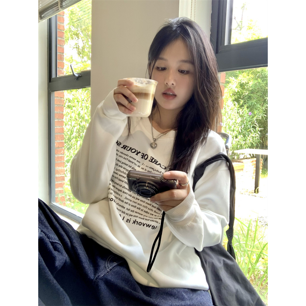 「MOTEL7」Áo sweatshirt Dáng Rộng Tay Dài In Chữ Phong Cách Lười Mùa Thu Mới