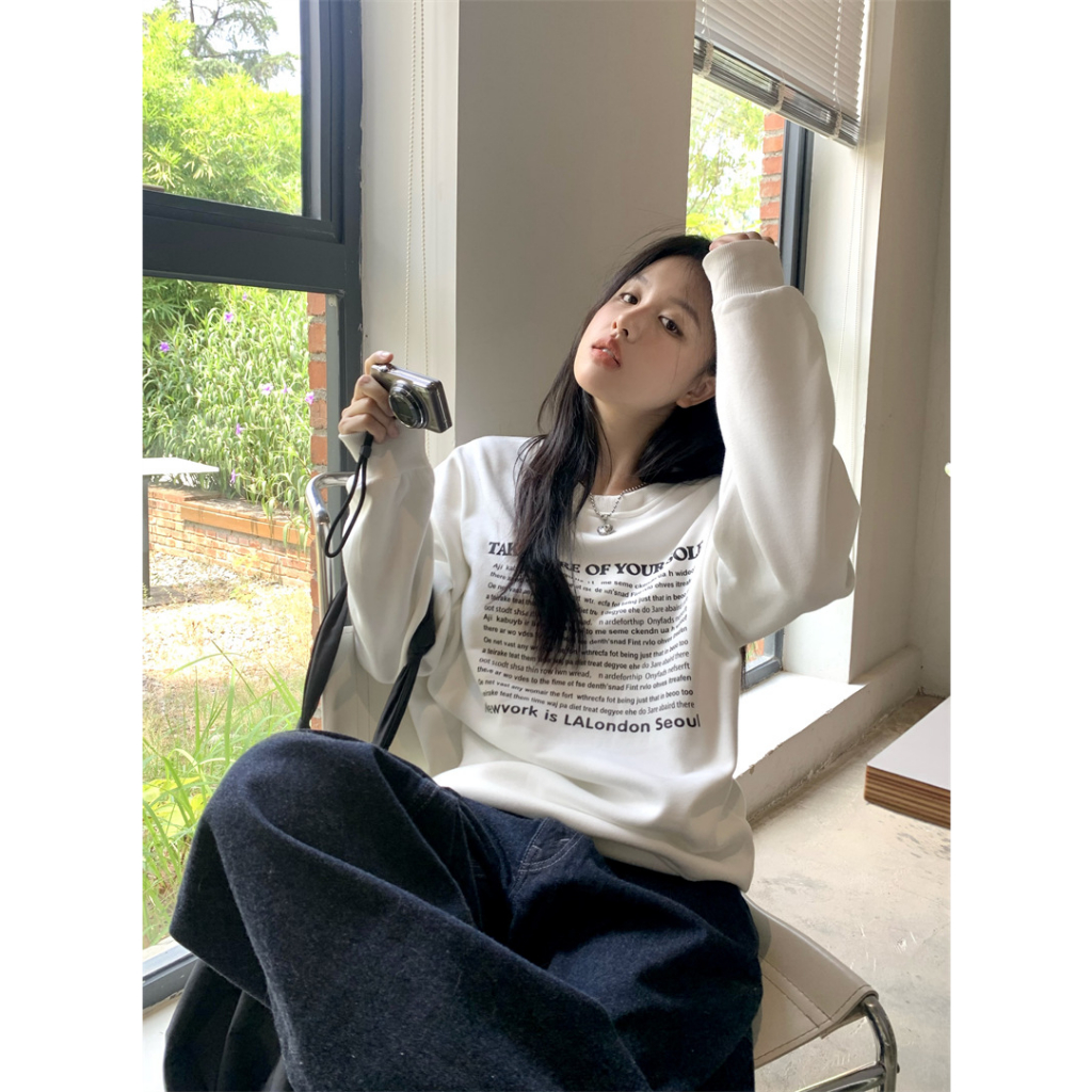 「MOTEL7」Áo sweatshirt Dáng Rộng Tay Dài In Chữ Phong Cách Lười Mùa Thu Mới
