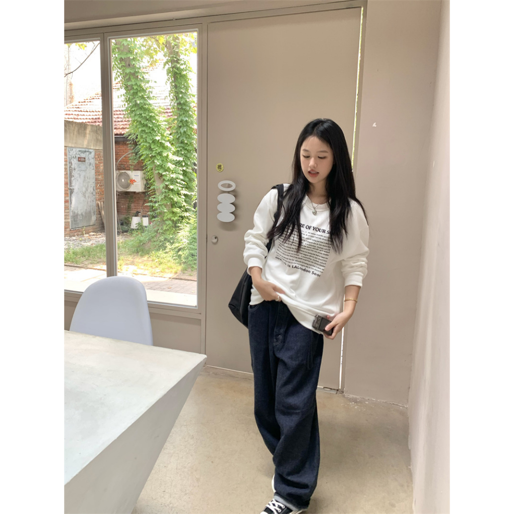 「MOTEL7」Áo sweatshirt Dáng Rộng Tay Dài In Chữ Phong Cách Lười Mùa Thu Mới