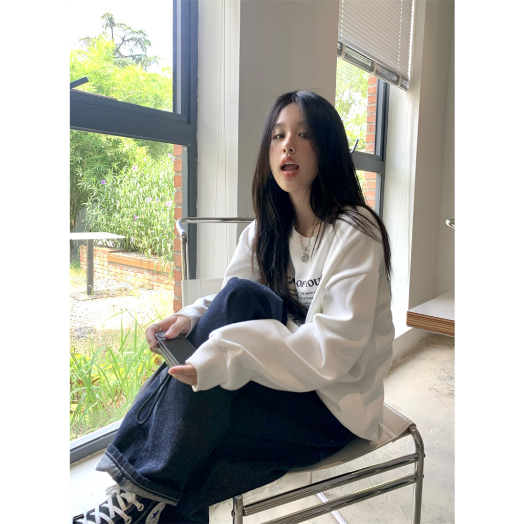 「MOTEL7」Áo sweatshirt Dáng Rộng Tay Dài In Chữ Phong Cách Lười Mùa Thu Mới