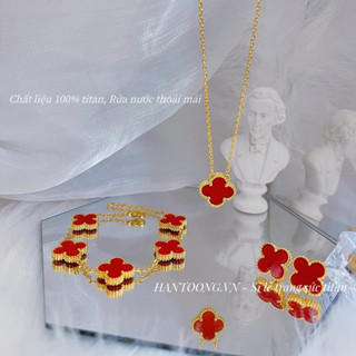 Lắc tay titan cao cấp không gỉ mạ vàng 24k hình cỏ 4 lá màu đỏ may mắn trẻ trung thời trang dành cho nữ
