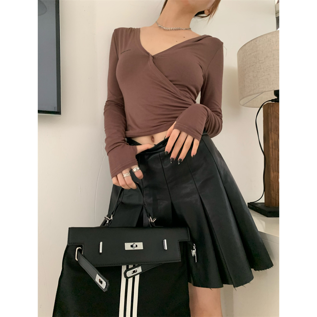 Yubuer Áo Thun Tay Dài Có Mũ Trùm Đầu Cổ Chữ v Dáng Ôm Phong Cách Thời Trang Hàn Quốc