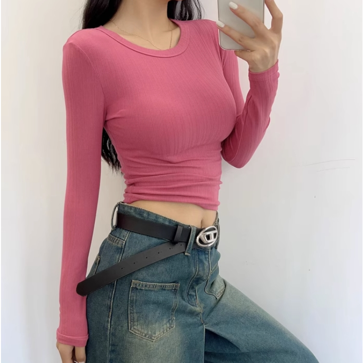 Đầu Thu Phong Cách Cơ Bản Cổ Tròn Tay Ngắn Co Giãn Slim-Fit Mỏng Hơn Nhìn Sọc Dọc Màu Trơn Top Đáy Áo Sơ Mi Bé Gái Tay Ngắn T @