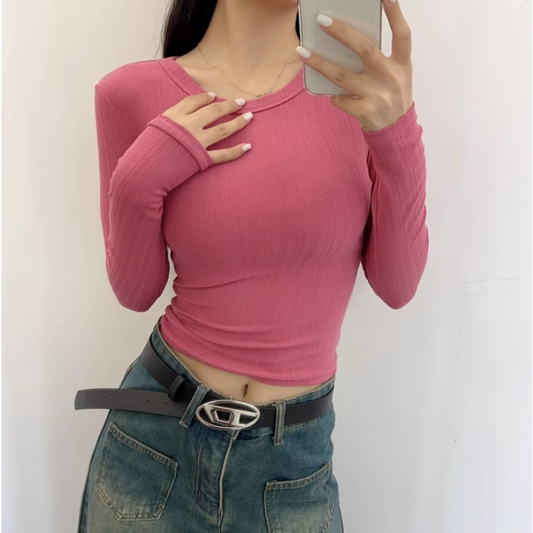 Đầu Thu Phong Cách Cơ Bản Cổ Tròn Tay Ngắn Co Giãn Slim-Fit Mỏng Hơn Nhìn Sọc Dọc Màu Trơn Top Đáy Áo Sơ Mi Bé Gái Tay Ngắn T @