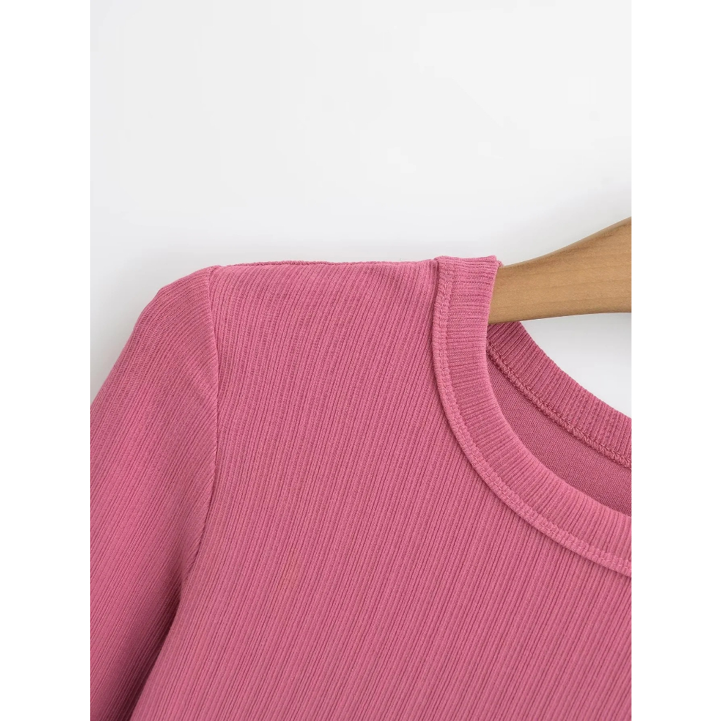 Đầu Thu Phong Cách Cơ Bản Cổ Tròn Tay Ngắn Co Giãn Slim-Fit Mỏng Hơn Nhìn Sọc Dọc Màu Trơn Top Đáy Áo Sơ Mi Bé Gái Tay Ngắn T @