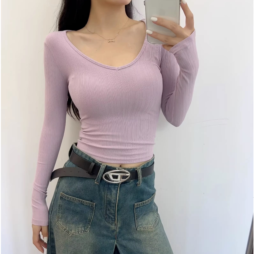 Đầu Thu Phong Cách Cơ Bản Cổ Tròn Tay Ngắn Co Giãn Slim-Fit Mỏng Hơn Nhìn Sọc Dọc Màu Trơn Top Đáy Áo Sơ Mi Bé Gái Tay Ngắn T @