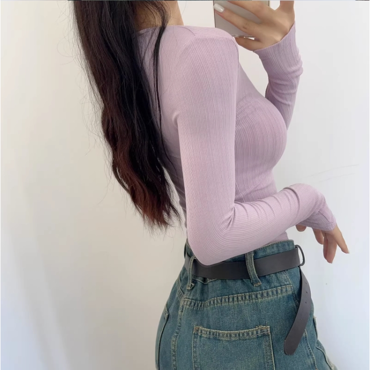 Đầu Thu Phong Cách Cơ Bản Cổ Tròn Tay Ngắn Co Giãn Slim-Fit Mỏng Hơn Nhìn Sọc Dọc Màu Trơn Top Đáy Áo Sơ Mi Bé Gái Tay Ngắn T @