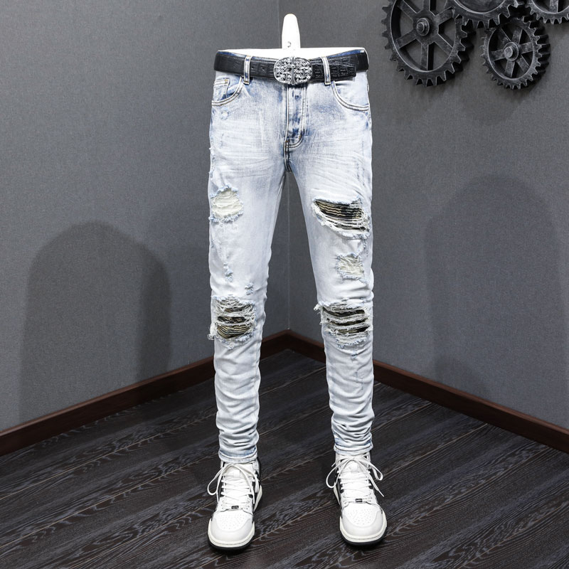 AMIRI High Street Fashion Men Jeans Vintage Light Blue Tight Camo Patch High Quality Hip Hop Fashion Men Jeans