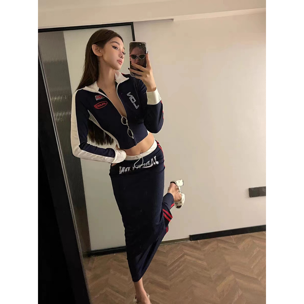 Klalien Set Áo Ôm Dáng + Chân Váy Kẻ Sọc Thẳng Thời Trang Cho Nữ