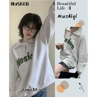Mushiqi Áo Khoác sweater Chui Đầu Dáng Rộng Cổ Bẻ Phối Khóa Kéo In Họa Tiết Xinh Xắn Cho Nữ