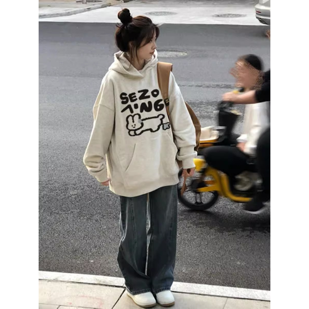 Áo hoodie cotton Dáng Rộng Màu Hồng Thời Trang Thu Đông Hàn Quốc Mới