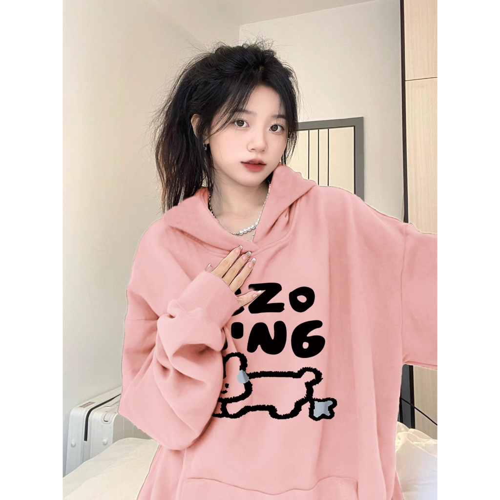 Áo hoodie cotton Dáng Rộng Màu Hồng Thời Trang Thu Đông Hàn Quốc Mới