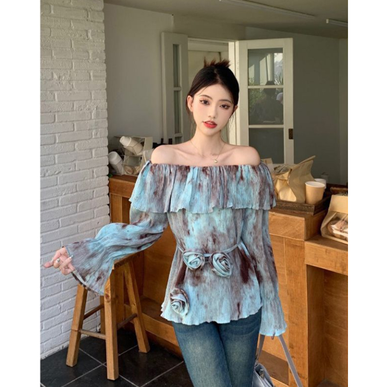 Ready stock hot sale tie-dye design sense sunscreen shirt women's thirteen lines autumn ruffled long-sleeved flower one-shoulder top