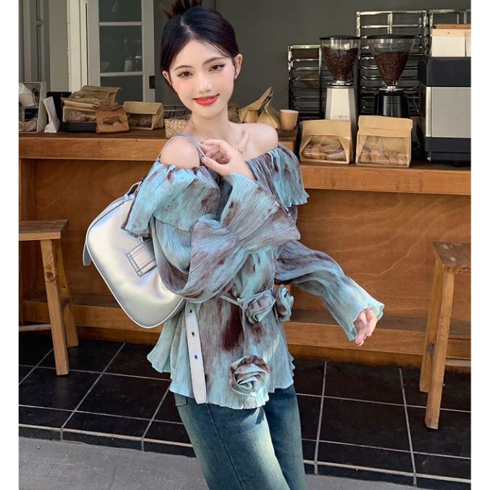 Ready stock hot sale tie-dye design sense sunscreen shirt women's thirteen lines autumn ruffled long-sleeved flower one-shoulder top