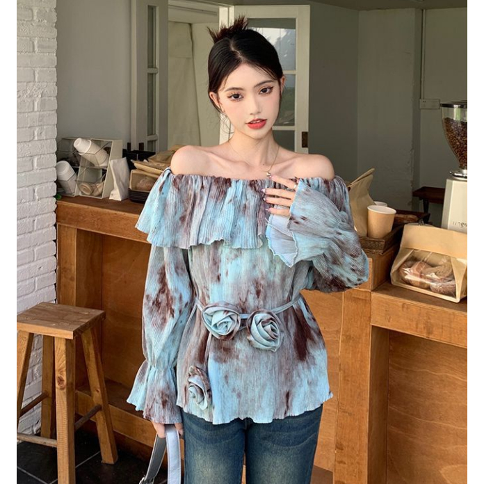 Ready stock hot sale tie-dye design sense sunscreen shirt women's thirteen lines autumn ruffled long-sleeved flower one-shoulder top