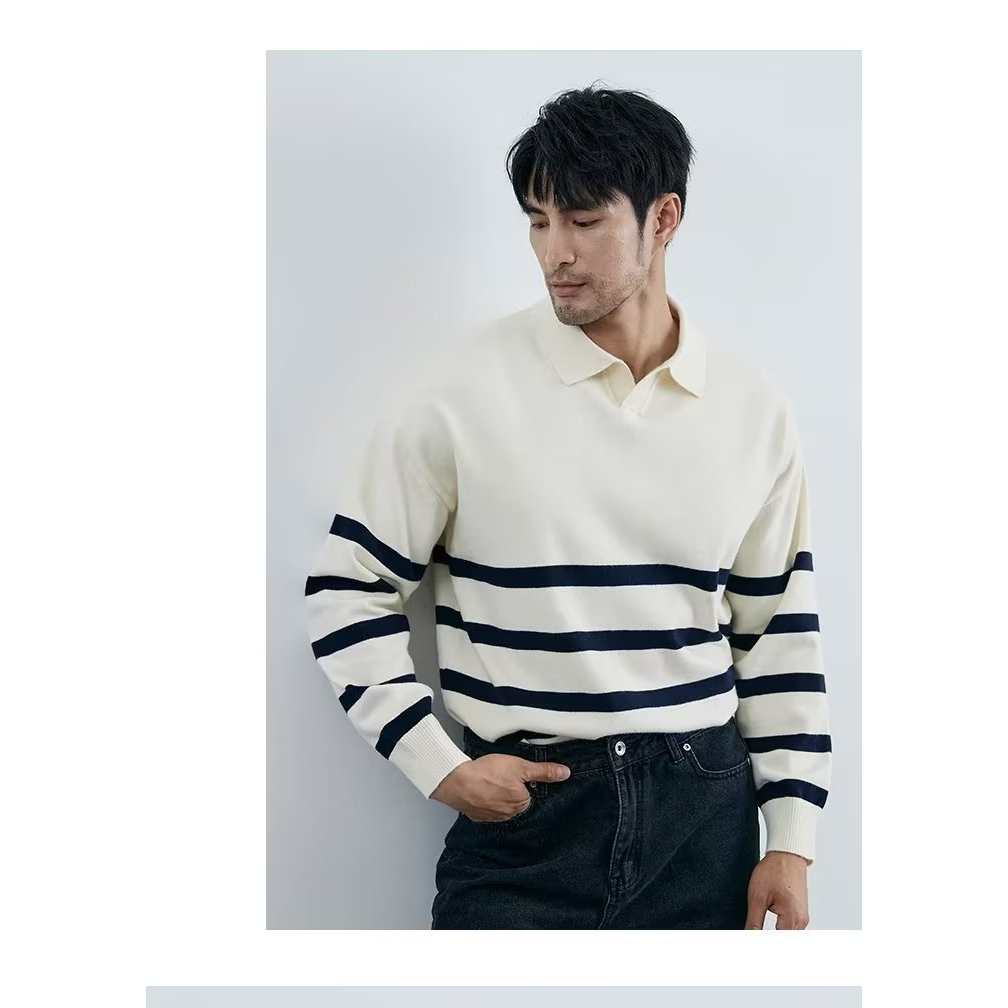 DICHUANGZHE Áo sweater Cổ polo Tay Dài Kẻ Sọc Thời Trang Thu Đông Cho Nam