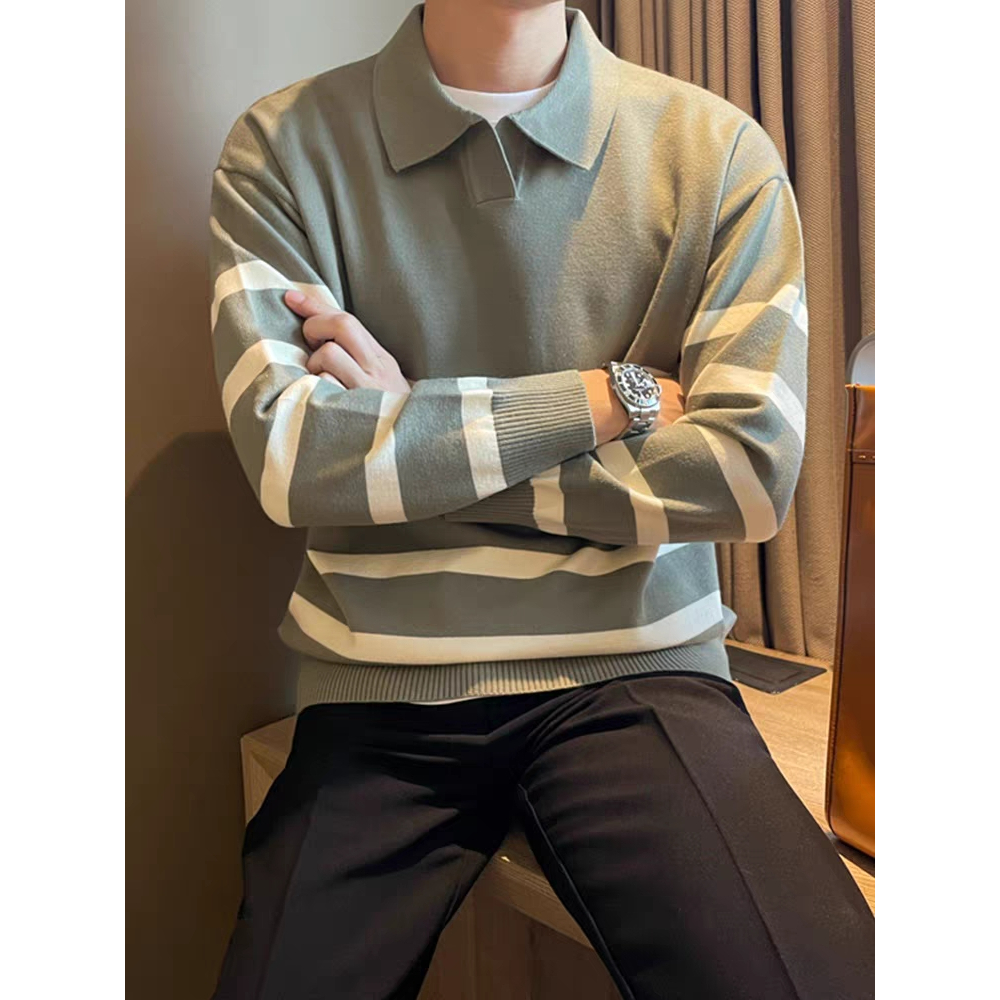 DICHUANGZHE Áo sweater Cổ polo Tay Dài Kẻ Sọc Thời Trang Thu Đông Cho Nam