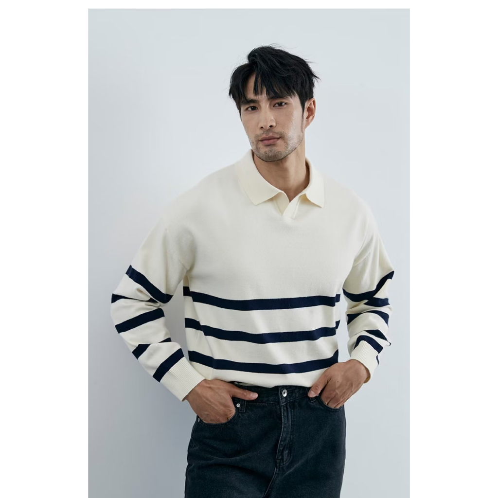 DICHUANGZHE Áo sweater Cổ polo Tay Dài Kẻ Sọc Thời Trang Thu Đông Cho Nam