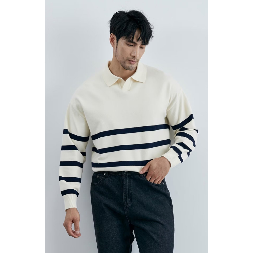 DICHUANGZHE Áo sweater Cổ polo Tay Dài Kẻ Sọc Thời Trang Thu Đông Cho Nam
