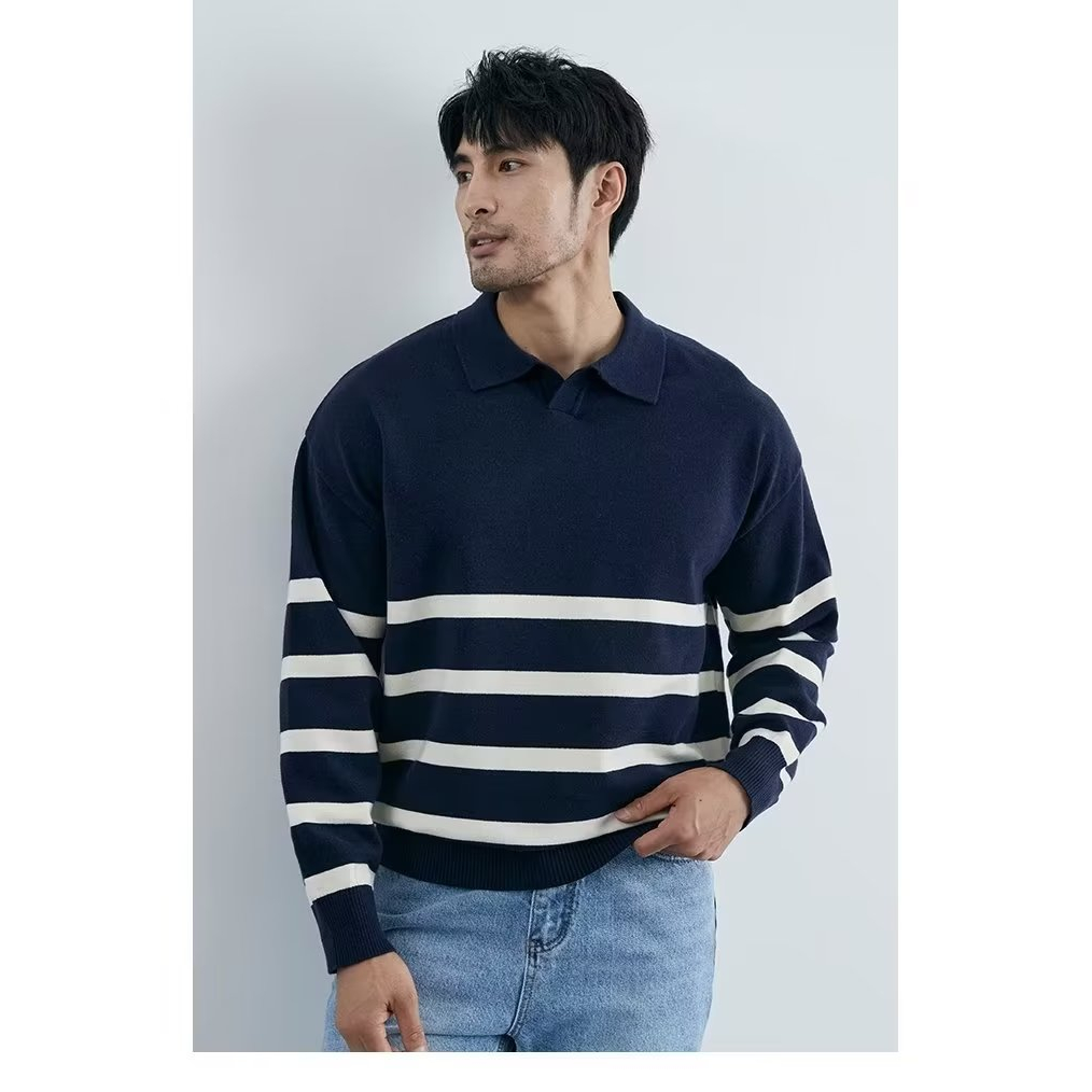 DICHUANGZHE Áo sweater Cổ polo Tay Dài Kẻ Sọc Thời Trang Thu Đông Cho Nam