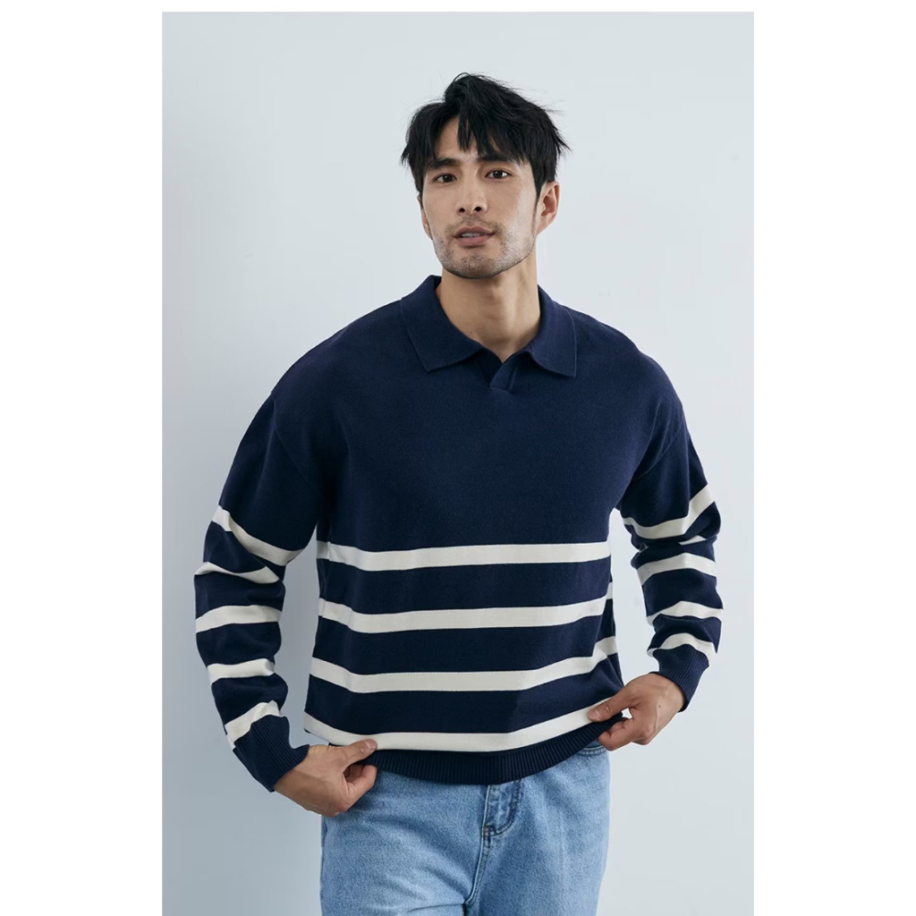 DICHUANGZHE Áo sweater Cổ polo Tay Dài Kẻ Sọc Thời Trang Thu Đông Cho Nam