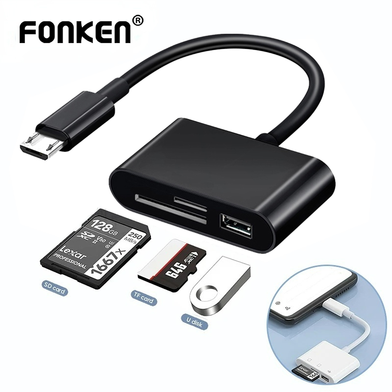 Đầu đọc thẻ kiêm dây cáp OTG FONKEN Type C / Micro USB sang SD / TF truyền dữ liệu 3 trong 1 cho điện thoại