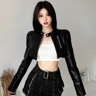 Klalien Áo Khoác Croptop Da pu Tay Dài Dáng Ôm Màu Đen Phối Khóa Kéo Phong Cách Đường Phố Cá Tính Dành Cho Bạn Nữ