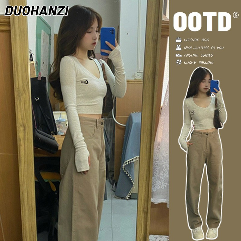 DUOHANZI Áo thun croptop y2k cổ chữ V tay dài thêu họa tiết phong cách Âu Mỹ thời trang dành cho nữ